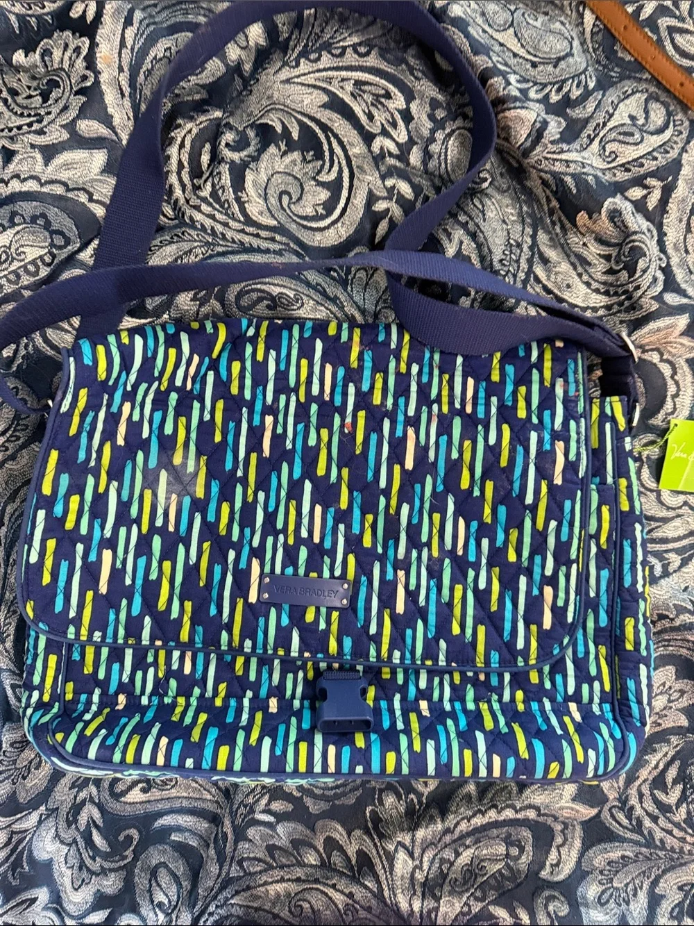 Vera Bradley Navy Quilted Crossbody with Blue, Teal, Lime & Cream Accents